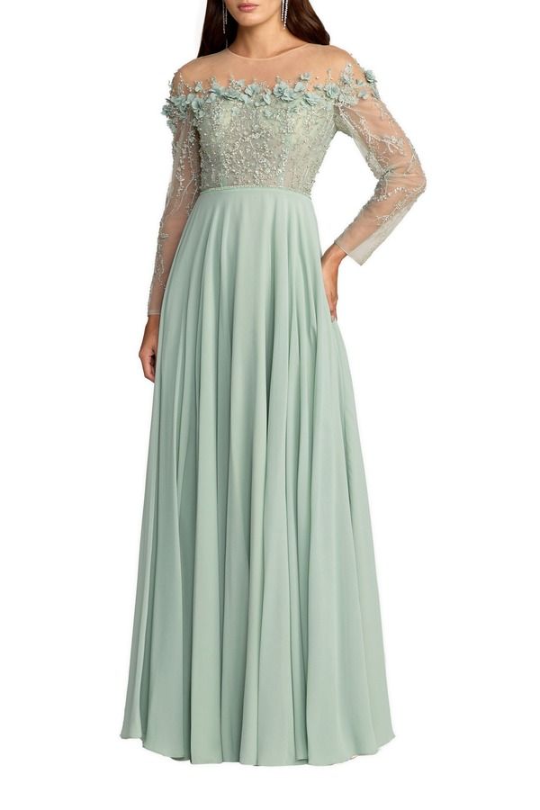 マックダガル レディース トップス ワンピース シフォン Mac Duggal Chiffon Beaded Long Sleeve Illusioneck Gown Sage セージ