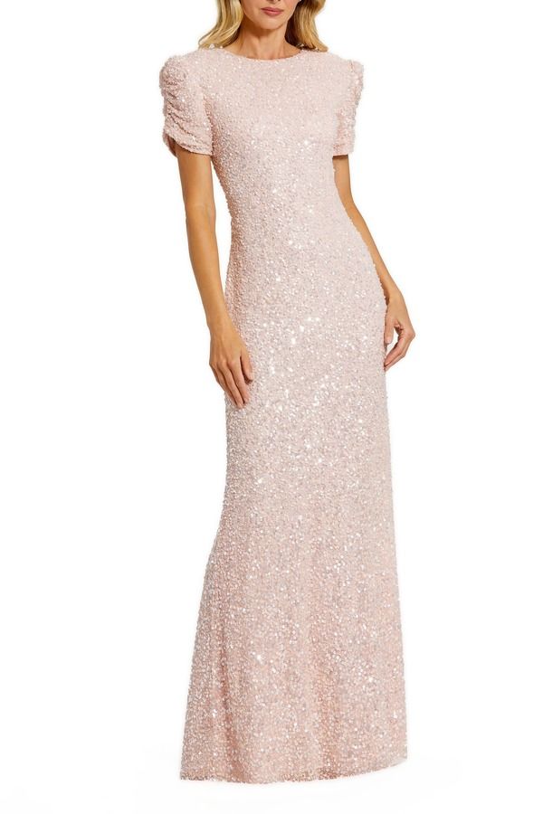 マックダガル レディース トップス ワンピース プチ Mac Duggal Petite Gathe red Short Sleeve Beaded Gown Petite Blush ブラッシュ