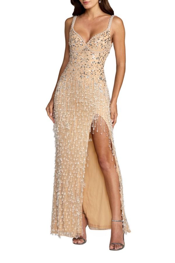 マックダガル レディース トップス ワンピース Vネック メッシュ フリンジ Mac Duggal Thin Strap VNeck Fringe Beaded Mesh Gown Silver Nu 103,400円