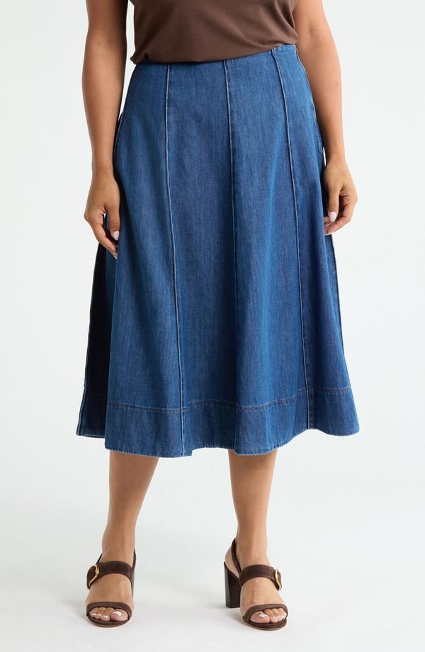 キャスロン レディース ボトムスカート A ライン プラスサイズ ミディ Caslon ALine Chambray Midi Skirt Plus DARK WASH