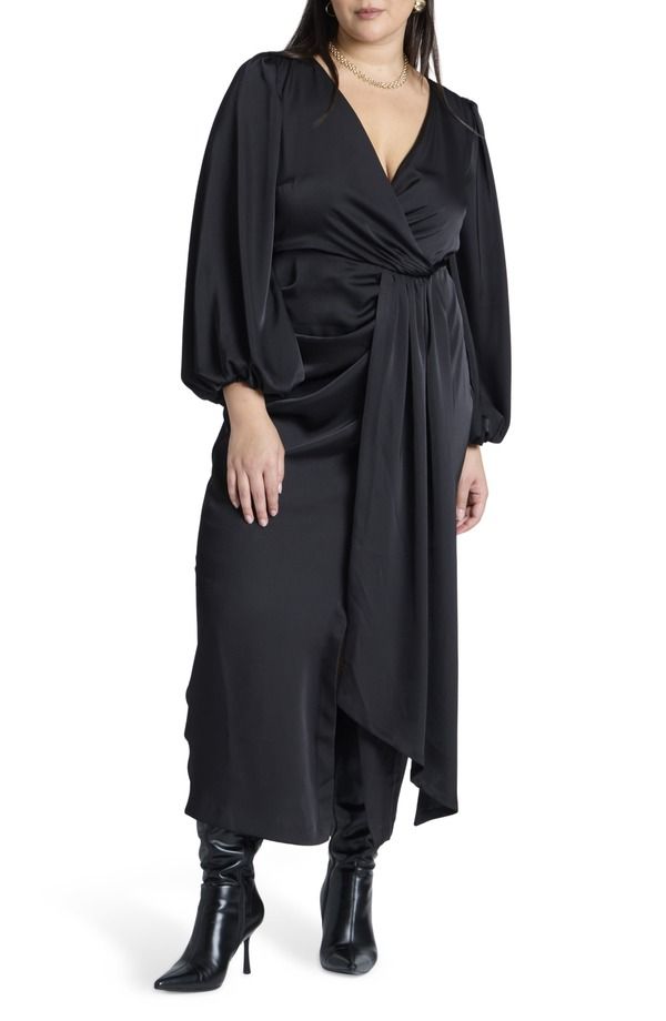 エロクイ レディース トップス ワンピース プラスサイズ プリーツ サテン ELOQUII Satin Puff Sleeve Pleatedress Plus Regular BLACK ブラック