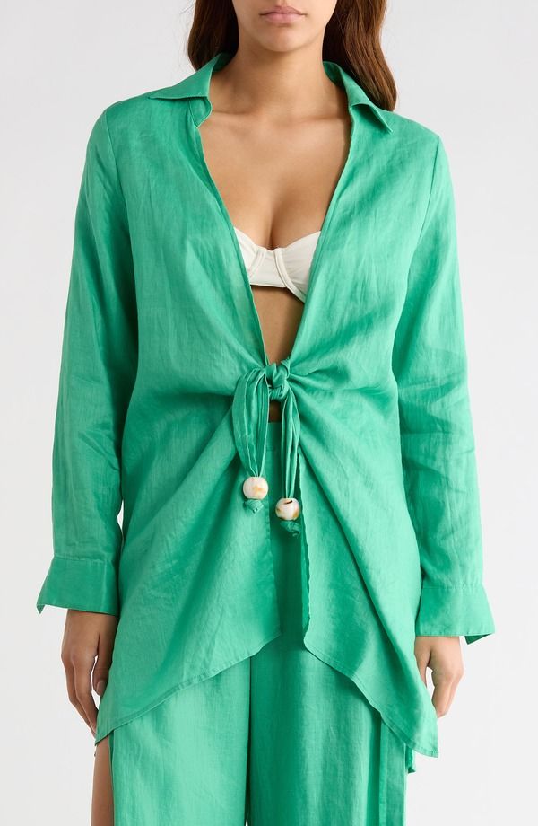 エラン レディース トップス ワンピース リネン Elan Tie Front Long Sleeve Linen CoverUp GREEN グリーン 20,931円