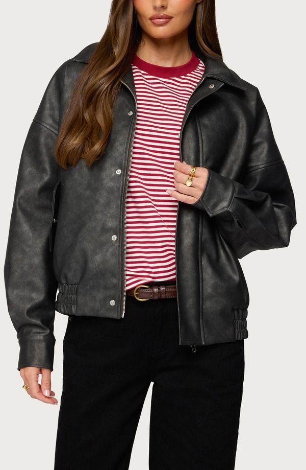 アディクテッド レディース アウター コート レザー フェイクレザー ジャケット EDIKTED Mori Oversize Faux Leather Jacket GRAY グレー
