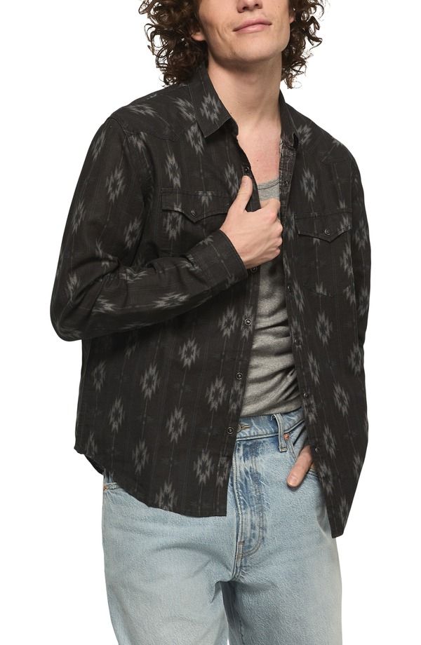 ラッキーブランド メンズ トップス シャツ コットン Lucky Brand Geo Pattern Slub Cotton SnapUp Western Shirt BLACK MULTI ブラック