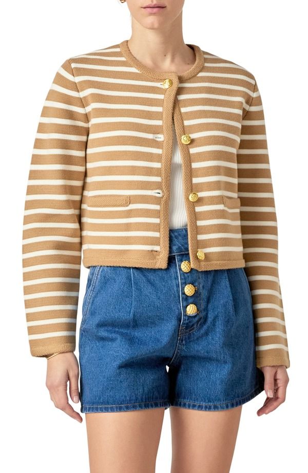 イングリッシュファクトリー レディース アウター カーディガン English Factory Stripe Cardigan TANWHITE ホワイト