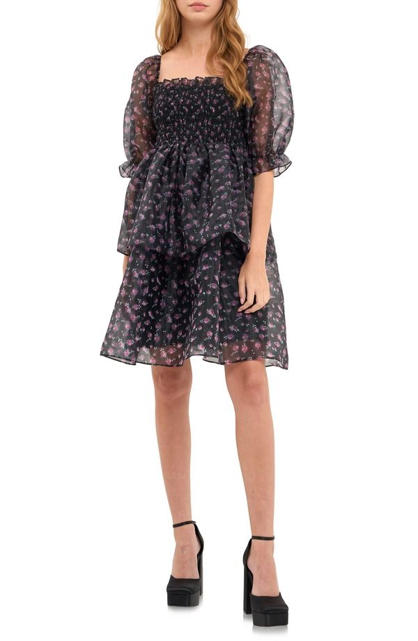 エンドレスローズ レディース トップス ワンピース フラワー柄 フラワー Endless Rose Floral Shir red Puff Sleeve Organza Dress BLACK NA