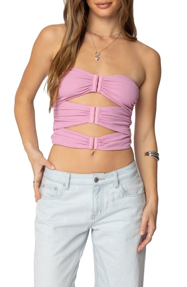 アディクテッド レディース トップス シャツ カットアウト ストラップレス EDIKTED Ariella Cutout Strapless Crop TopINK ピンク