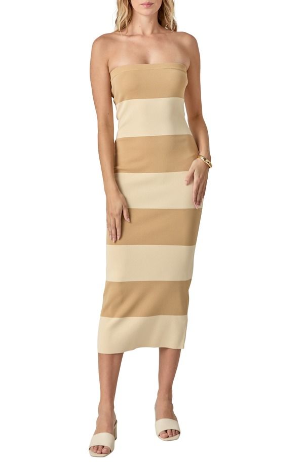 エンドレスローズ レディース トップス ワンピース ミディ ストラップレス Endless Rose Stripe Strapless Tube Midi Dress BEIGE TAN タン