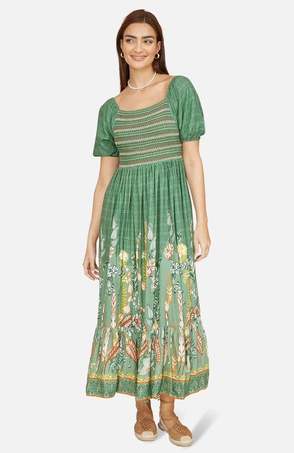 ユミキム レディース トップス ワンピース プリント ギャザー マキシ Yumi Ruched Leaf Print Maxi Dress Green グリーン