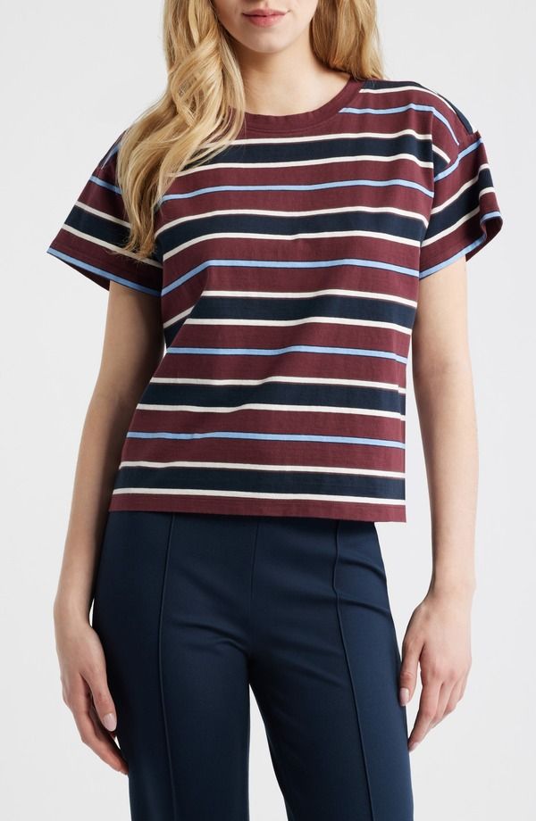 ラグアンドボーン レディース トップス シャツ コットン rag bone Kelly Stripe Boxy Cotton TShirt BURGUNDY MULTI バーガンディ