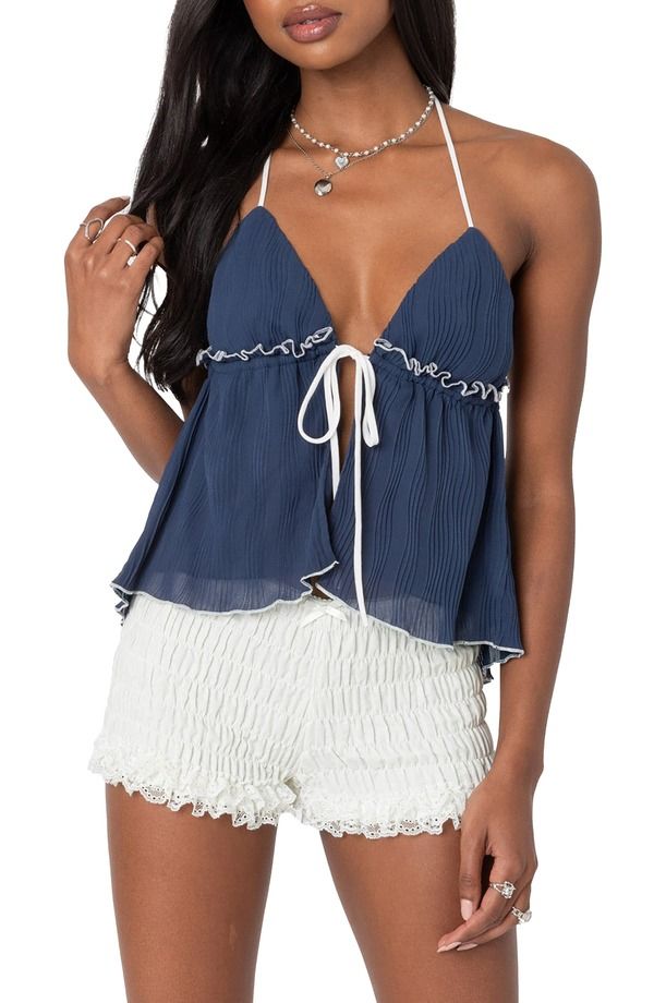 アディクテッド レディース トップス シャツ プリーツ ホルター EDIKTED Pleated Split Front Halter Top NAVY ネイビー