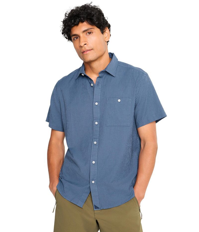 アンタックイット メンズ トップス シャツ Untuckit Performance Short Sleeve Forbeseersucker Shirt Dark Blue ブルー
