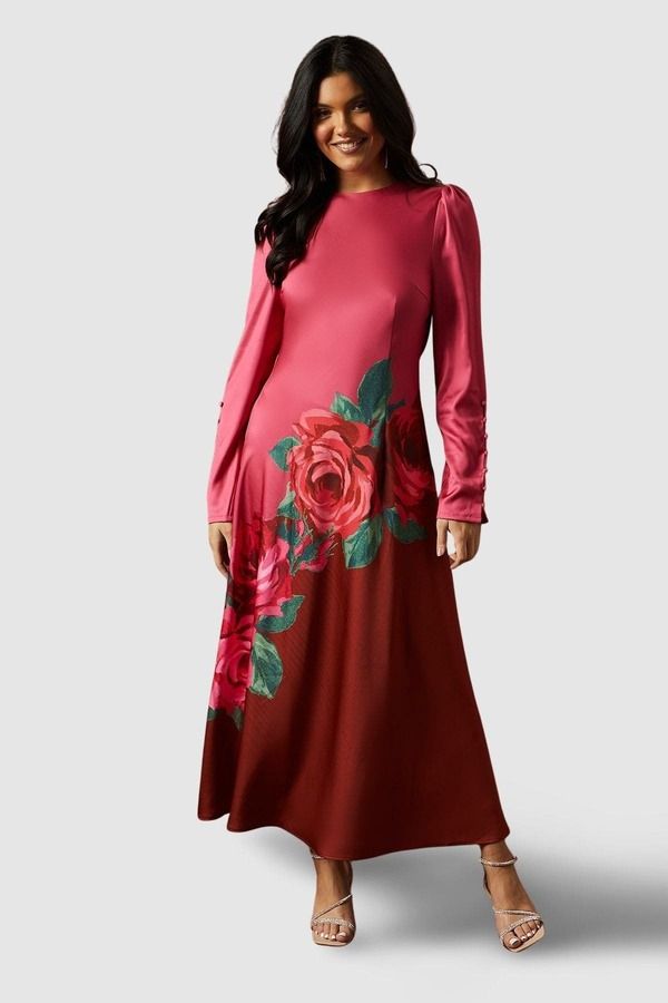 オアシス レディース トップス ワンピース プリント サテン レース マキシ Oasis Premium Satin Placement Print Maxi Dress Pink ピンク