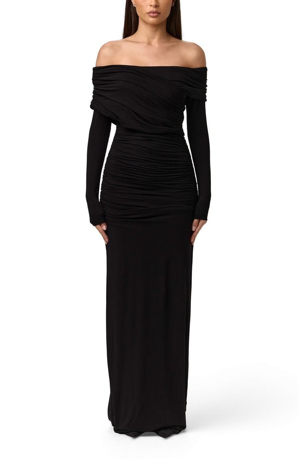 ネイキッドワードローブ レディース トップス ワンピース マキシ Naked Wardrobe Smooth Off the Shoulder Long Sleeve Maxi Dress BLACK