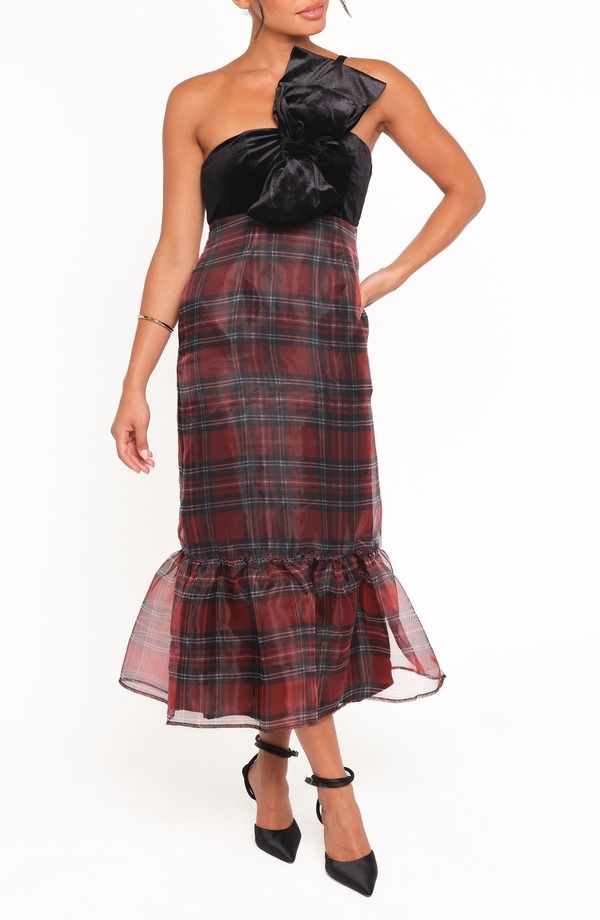 ペタルアンドパップ レディース トップス ワンピース ベルベット マキシ Petal Pup Amelie Bow Velvet Organza Maxi Dress RED PLAID レッド