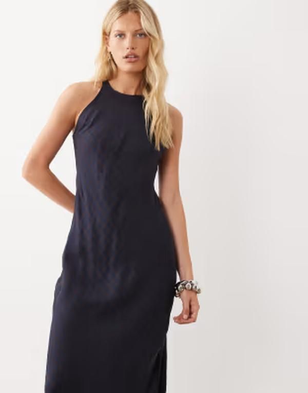 マンゴ レディース トップス ワンピース プリント ミディ ノースリーブ ホルター Mango sleeveless halter neck midi dress plaid print Blue c