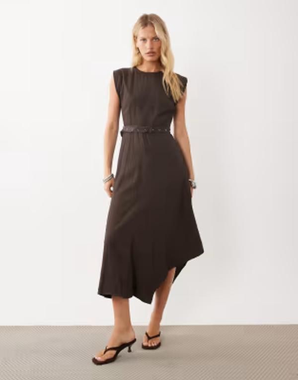 マンゴ レディース トップス ワンピース ミディ ノースリーブ Mango sleeveless belted midi dress BROWN ブラウン