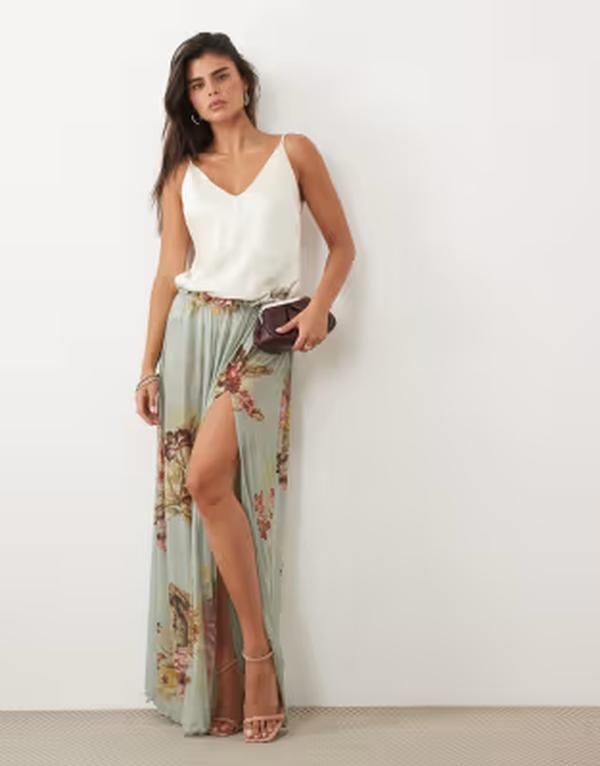 エイソス レディース ボトムスカート フラワー柄 プリント メッシュ マキシ フラワー ASOS DESIGN printed mesh paperbag maxi skirt floral Blue 13,121円