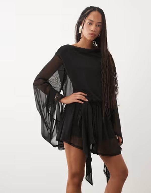 エイソス レディース トップス ワンピース ミニ メッシュ ASOS DESIGN mesh tie side mini dress with extreme sleeve Black ブラック
