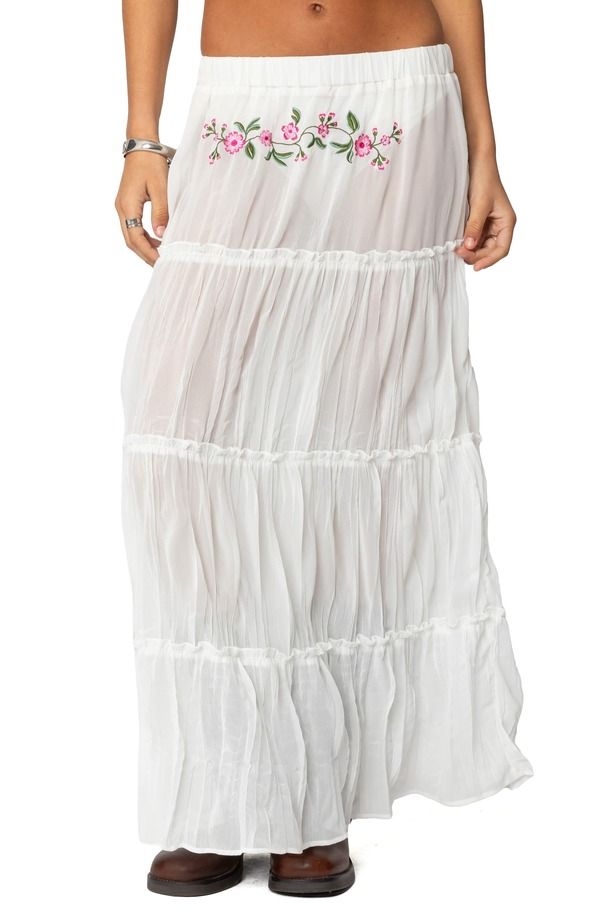アディクテッド レディース ボトムスカート ティアード フラワー柄 マキシ フラワー EDIKTED Tai Floral Embroidery Tie red Maxi Skirt WHITE ホワ