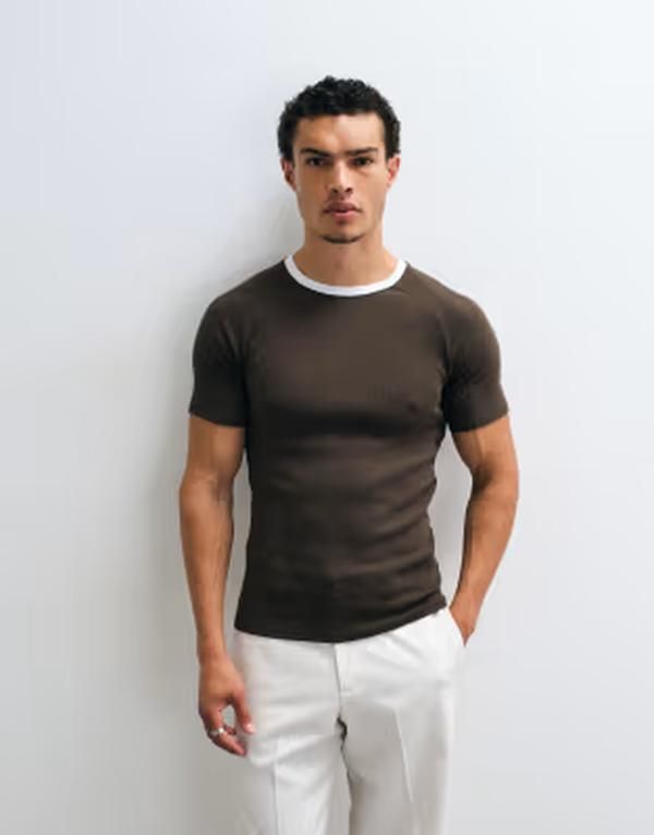 エイソス メンズ トップス Tシャツ リブニット ASOS DESIGN muscle fit raglan ringer tshirt rib knit Demitasse ブラウン