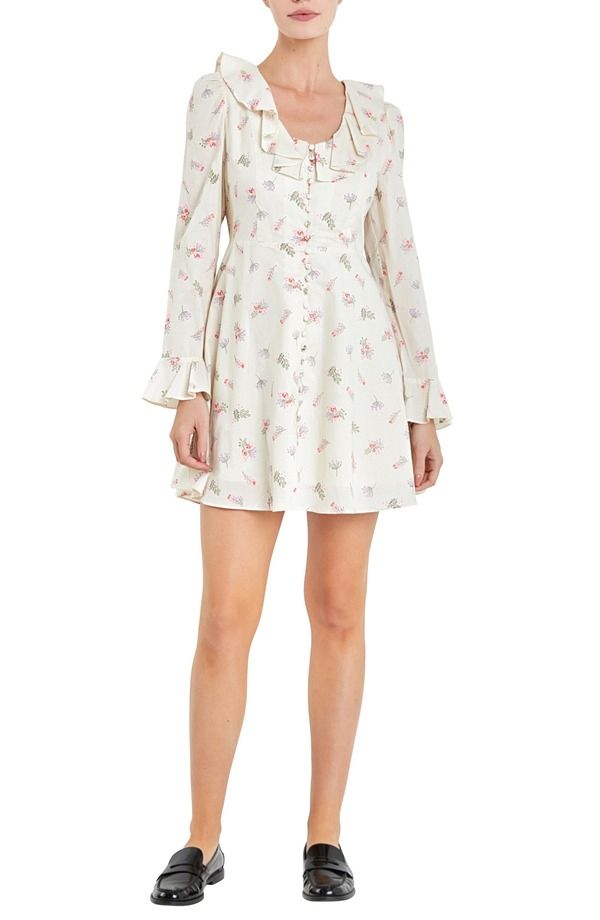 イングリッシュファクトリー レディース トップス ワンピース フラワー柄 フリル ミニ フラワー English Factory Floral Ruffle Button Front Long Sle