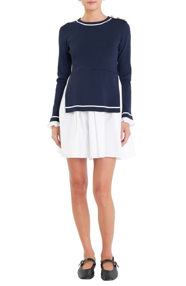 イングリッシュファクトリー レディース トップス ワンピース ミニ English Factory Mixed Media Long Sleeve Minidress NAVY ネイビー