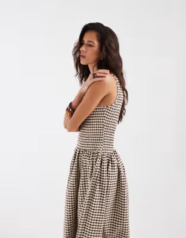 エイソス レディース トップス ワンピース ギンガムチェック マキシ ギンガム ASOS design shir red maxi dress gingham Brown gingham ブラウン 18,600円