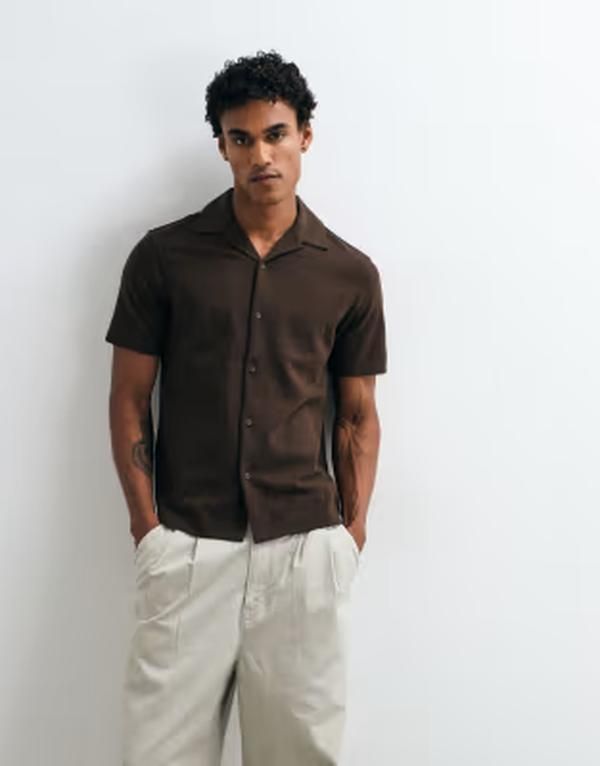 マンゴ メンズ トップス シャツ Mango short sleeve shirt BROWN ブラウン