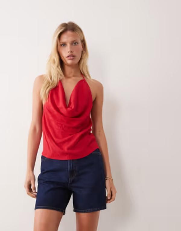 マンゴ レディース トップス シャツ ホルター Mango Teen cowl halter neck top RED レッド