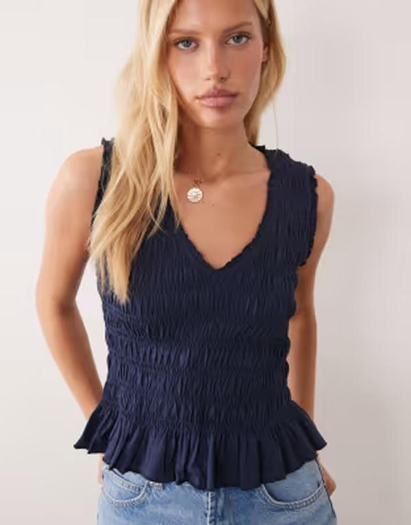 マンゴ レディース トップス シャツ Vネック ノースリーブ Mango Teen Vneck shir red sleeveless top NAVY ネイビー