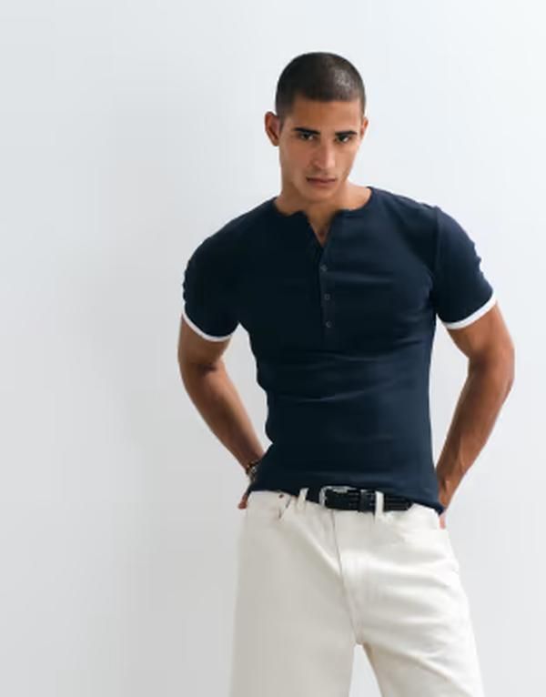 エイソス メンズ トップス Tシャツ リブニット ヘンリーネック ニット ASOS DESIGN muscle fitshirt withenley neck andouble layer effec