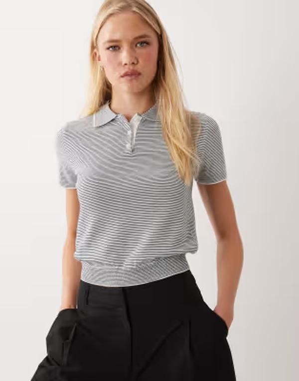 マンゴ レディース トップス ポロシャツ プリント Mango short sleeve polo top striped print NAVY ネイビー