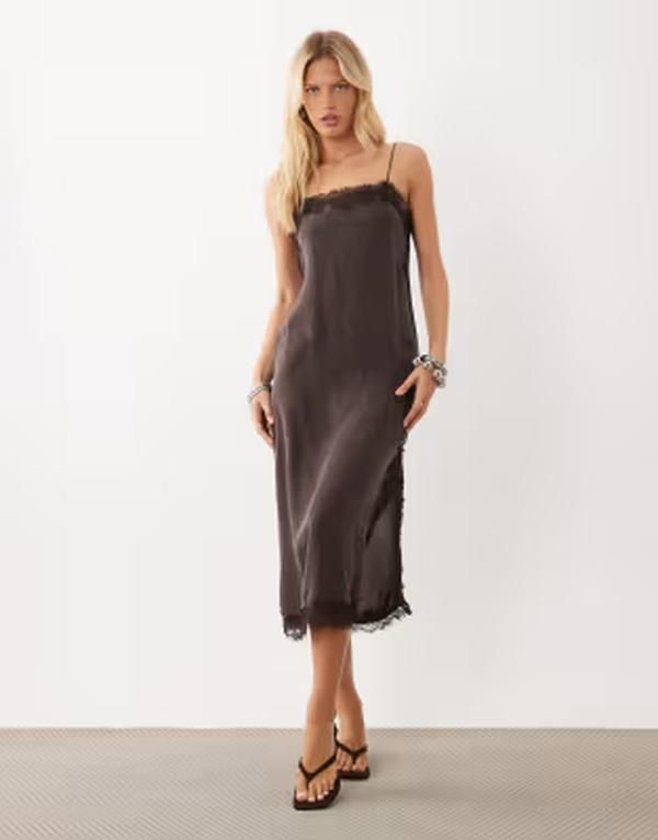 マンゴ レディース トップス ワンピース レーストリム ミディ レース Mango camidi dress with lace trim BROWN ブラウン