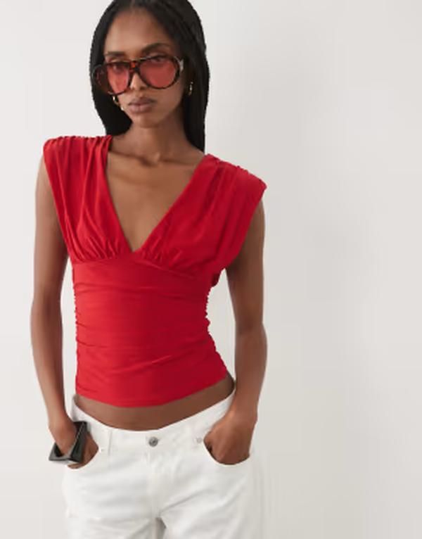 ミスセルフフリッジ レディース トップス シャツ Vネック ギャザー Misselfridge vneck ruched tank top RED レッド