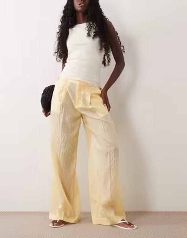 マンゴ レディース ボトムス カジュアルパンツ ストレート Mango straight leg tailo red trouser in pastel yellow stripe YELLOW イエ