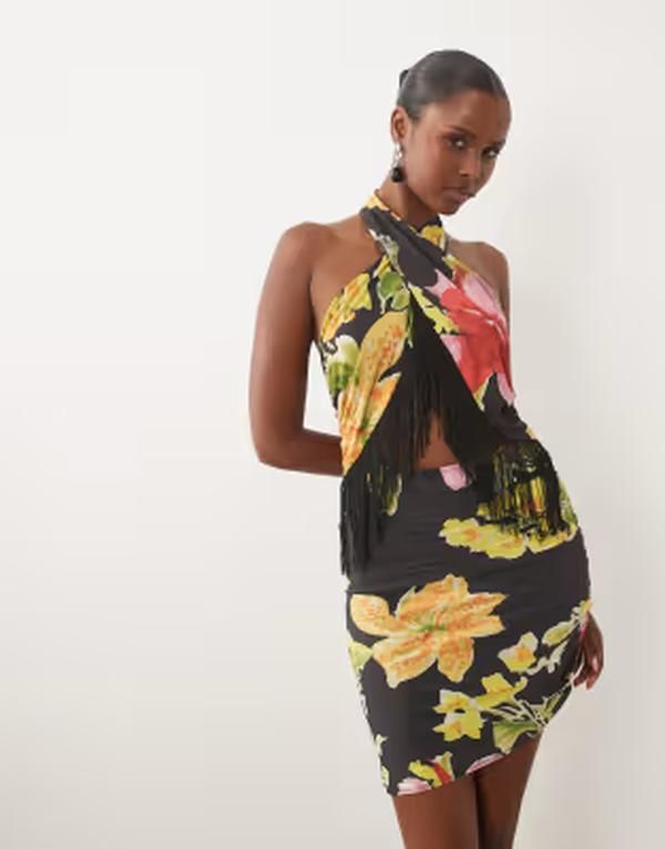 エイソス レディース トップス ワンピース フラワー柄 プリント ミニ フリンジ フラワー ホルター ASOS DESIGN halter fringed print floral mini dres