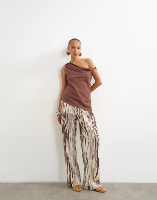 トップショップ レディース ボトムス カジュアルパンツ ワイドレッグ Topshop animal crinkle wide leg pants BROWN ブラウン