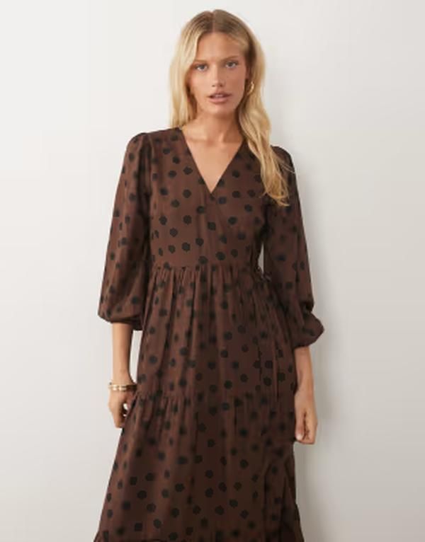 ウェンズデーガール レディース トップス ワンピース Wednesdays Girlong sleeve wrap midaxi dress in chocolate BROWN ブラウン
