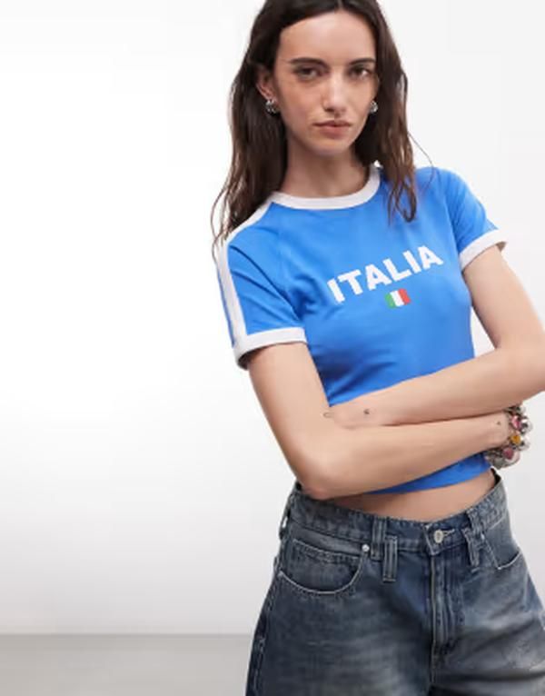 リクレイム ヴィンテージ レディース トップス シャツ Reclaimed Vintage baby tee with italia slogan Blue ブルー