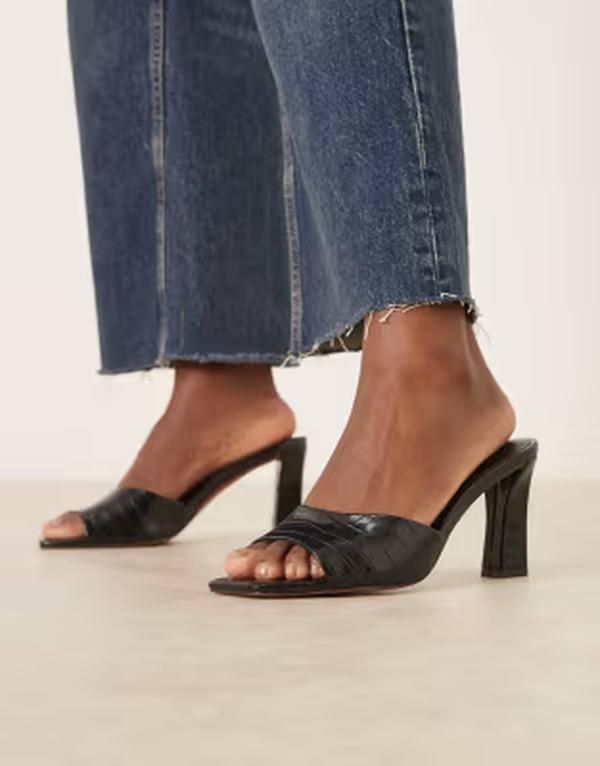 エイソス レディース シューズ サンダル ヒール ASOS DESIGN Harp mid heel mules BLACK PU ブラック