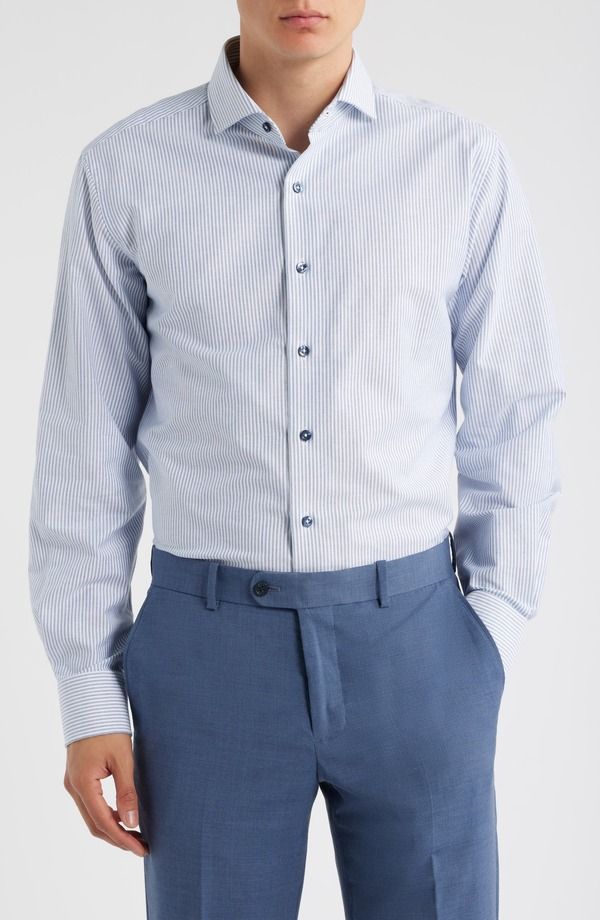ロレンゾウオモ メンズ トップス シャツ オックスフォード コットン Lorenzo Uomo Trim Fit Stripe Cotton Oxford Cloth Dresshirt White