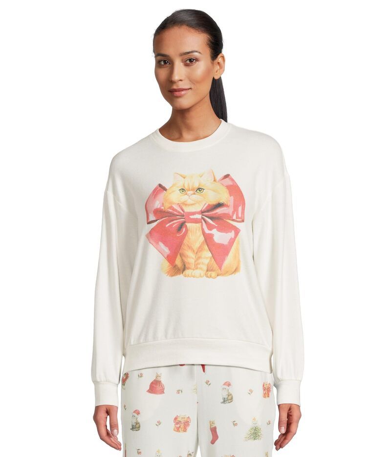 ピージェイサルベージ レディース トップス シャツ クルーネック PJ Salvage Feline Festive Crewneck Top Ivory Cats アイボリー