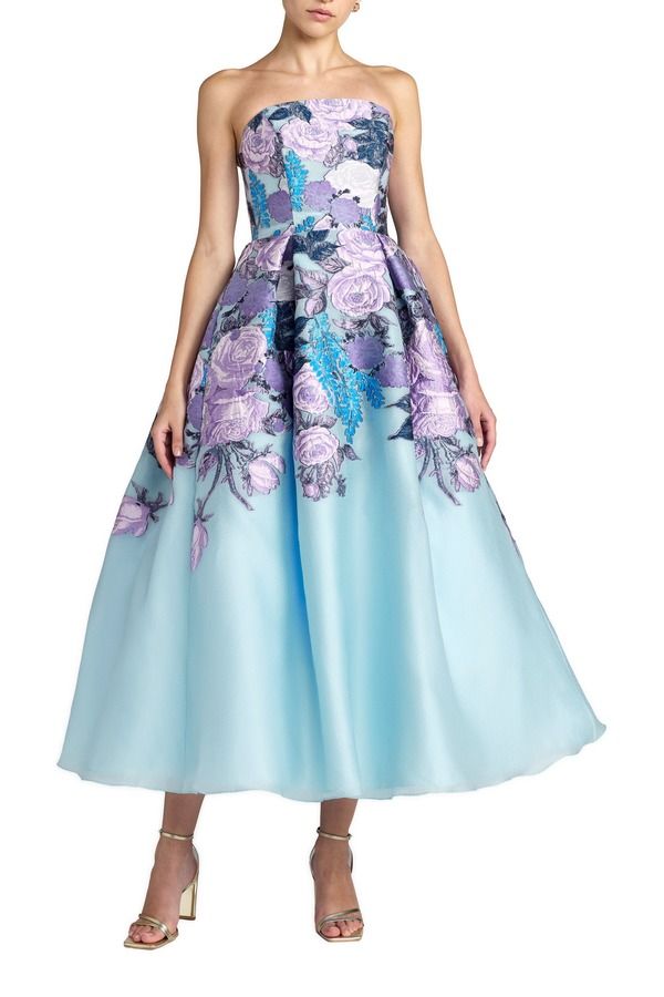 マックダガル レディース トップス ワンピーストラップレス Mac Duggal Organza Strapless Ballgown With Pockets Blue Multi ブルー