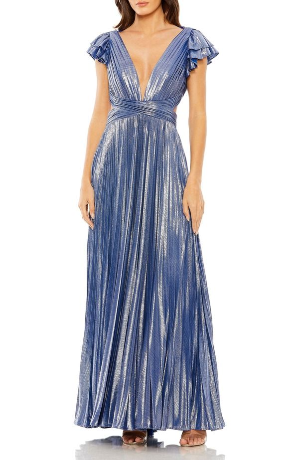 マックダガル レディース トップス ワンピース カットアウト プリーツ フリル トール Mac Duggal Pleated Metallic Gown with Ruffle Sleeves and