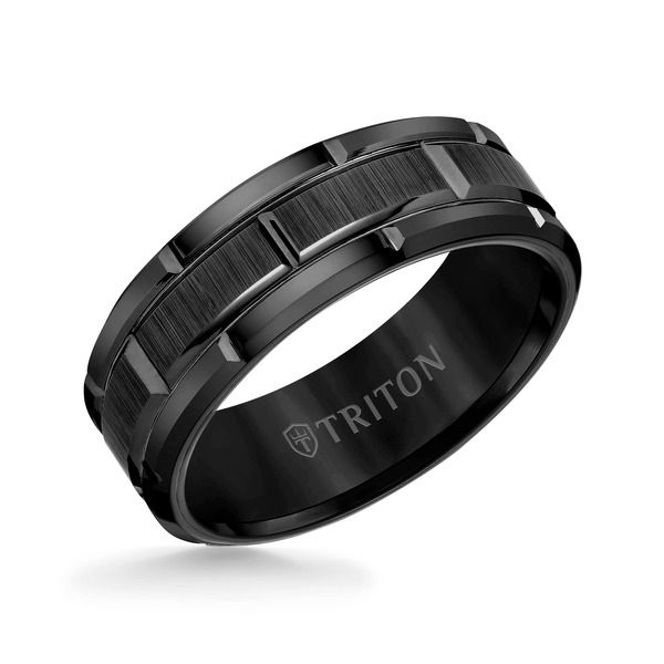 トリトン レディース アクセサリー 指輪 Triton 8MM Tungsten Carbide Ring with Brick Pattern Center and Flat Edge Black 70,290円