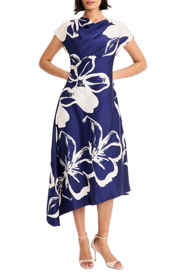 マギーロンドン レディース トップス ワンピース アシンメトリー ミディ Maggy London Asymmetric Hemidi Dress Navy Cream クリーム