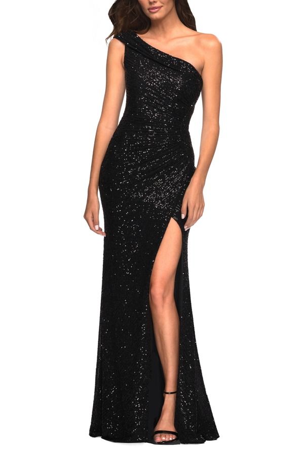 ラフェム レディース トップス ワンピースパンコール La Femme One Shoulder Gown in Elegant Soft Sequin Fabric Black ブラック