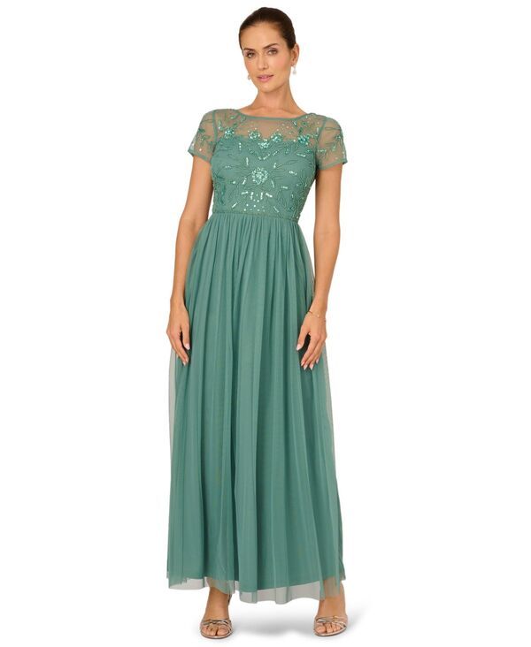 アドリアナ パペル レディース トップス ワンピース プチ メッシュ Adrianna Papell Petite Beaded Mesh Ball Gown Green Slate スレート