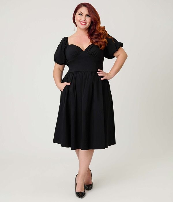ユニークビンテージ レディース トップス ワンピース プラスサイズ Unique Vintage Plusize Sweetheart Puff Sleeve Swing Dress Plus Sol